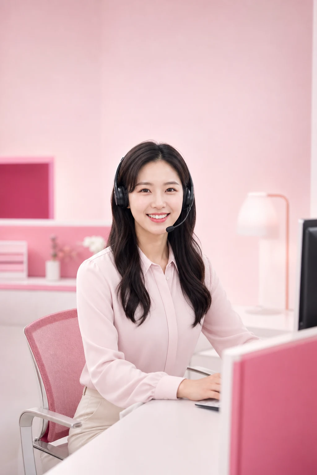 카드깡사이트 확인 다음머니 24시간 전화 문자 상담을 안내하는 헤드셋 여성 상담원 인물